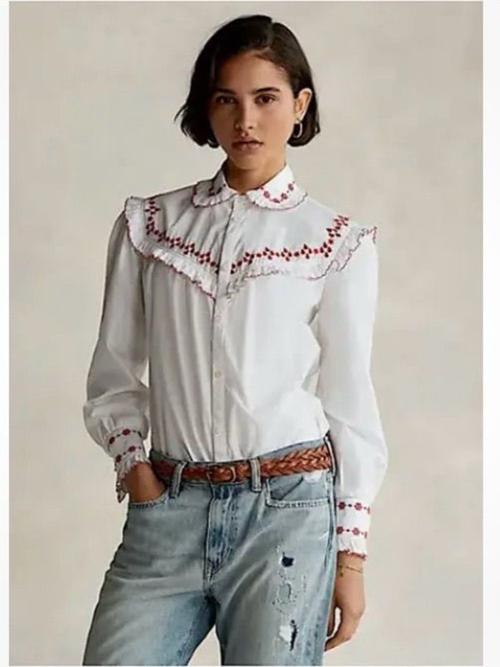 Polo Ralph Lauren Western Floral Embroidered Button-Down Shirt Red White Cotton - Picture 4 of 16